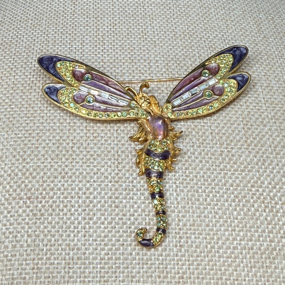Kirks Folly Dragonfly Fairy Brooch Purple Enamel Green Crystal Gold Tone Pin